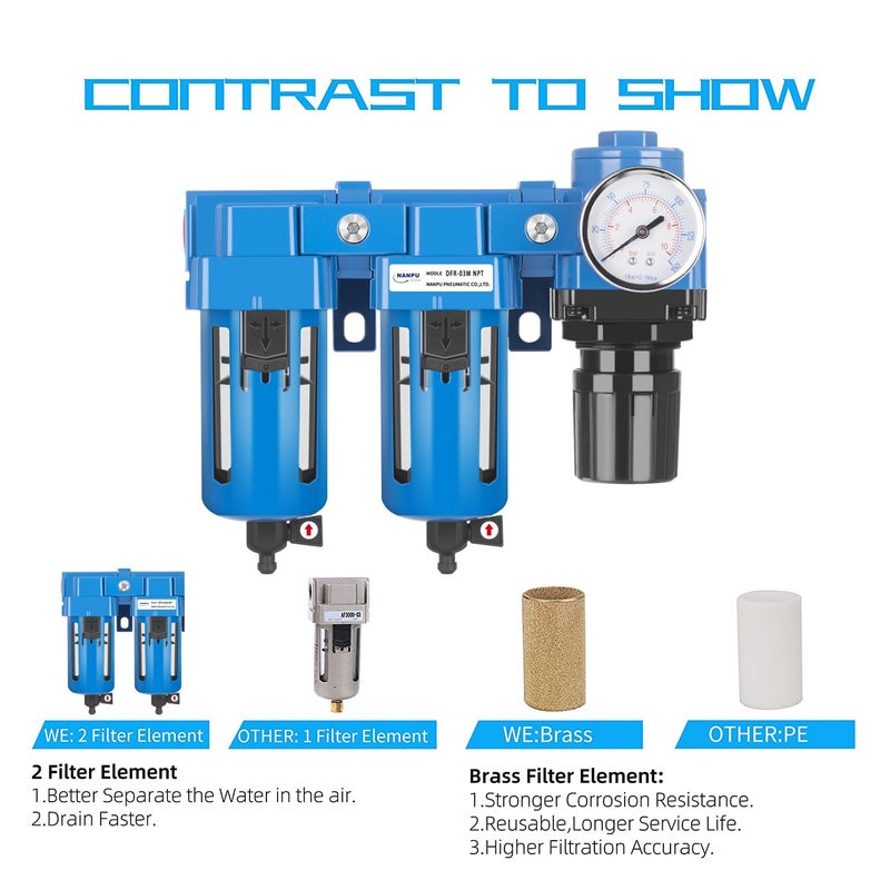 NANPU 1/2" NPT Air Drying System - Double Air Filters, Air Pressure Regulator Combo - Manual Drain, Poly Bowl - DFR-04M - Image 5